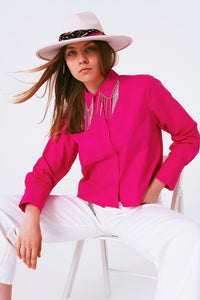 Q2 Women's Blouse Shirt With Fringe Strass Collar In Fuxia