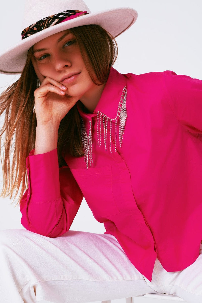 Q2 Women's Blouse Shirt With Fringe Strass Collar In Fuxia