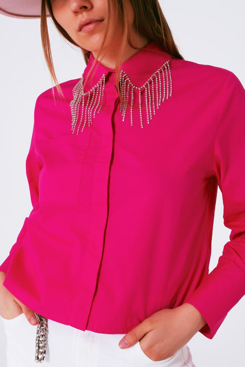 Q2 Women's Blouse Shirt With Fringe Strass Collar In Fuxia