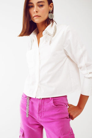 Q2 Women's Blouse Shirt with Fringe Strass Collar in White