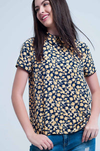 Q2 Women's Blouse Shirt with yellow flowers print