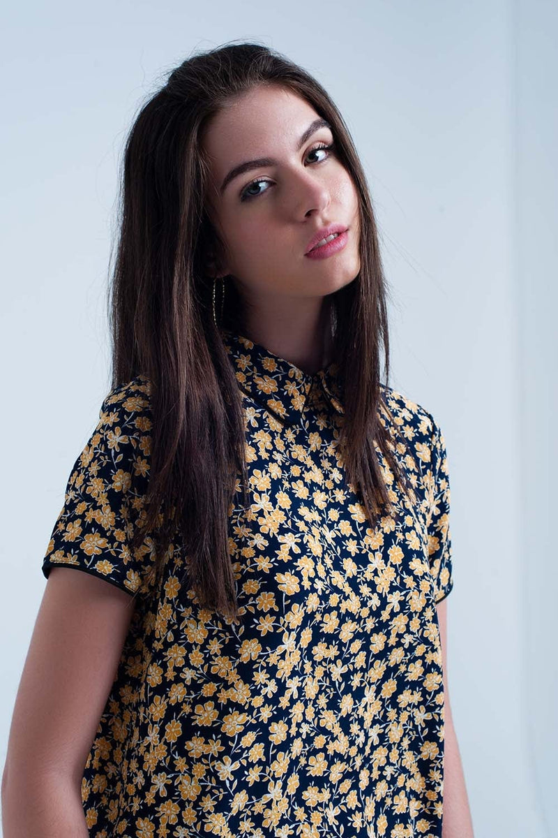 Q2 Women's Blouse Shirt with yellow flowers print