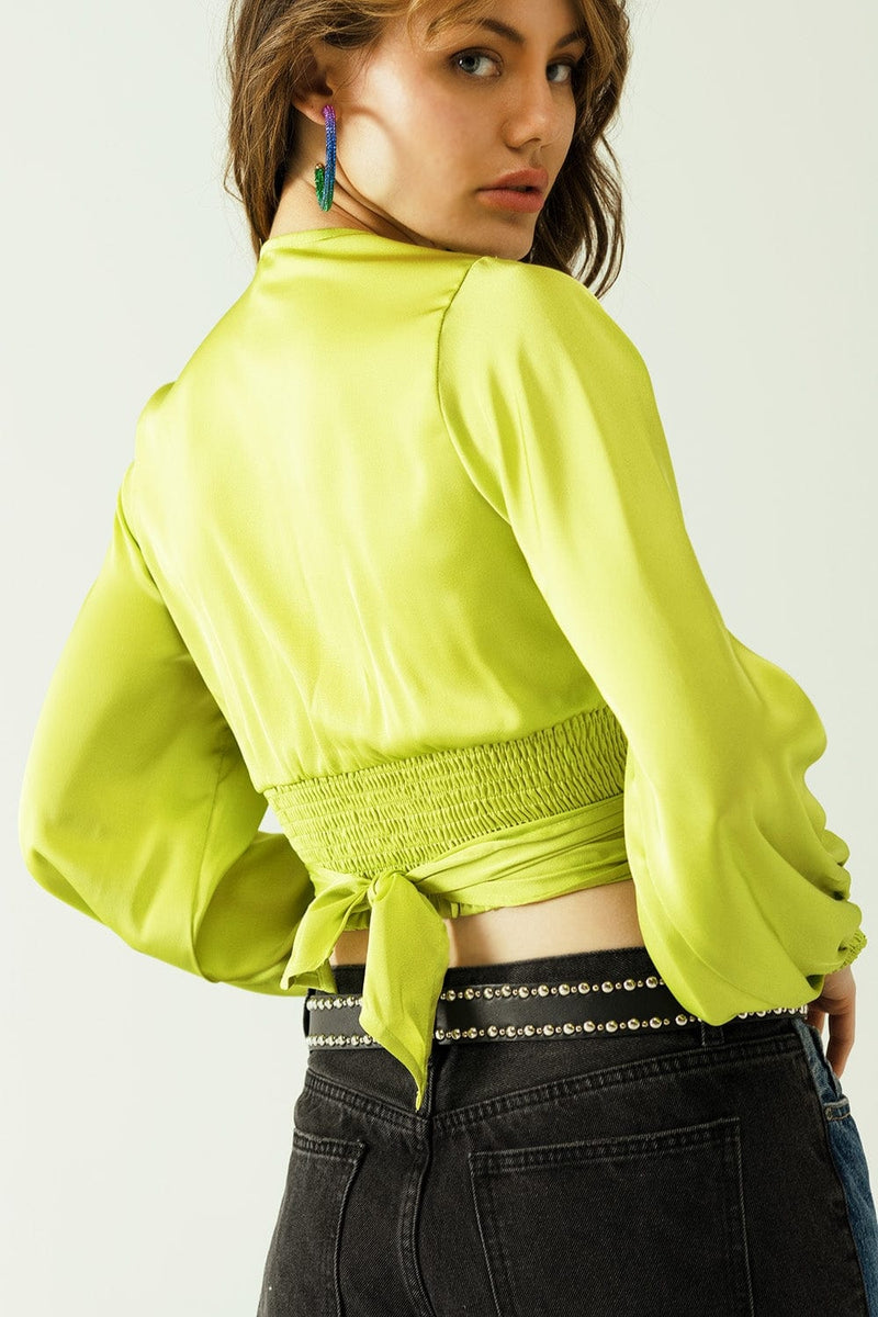 Q2 Women's Blouse Short Green Crop Top With Long And Wide Sleeves