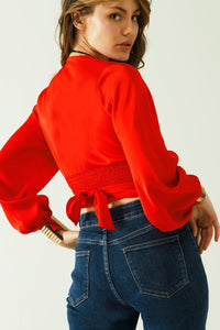 Q2 Women's Blouse Short Red Crop Top With Long And Wide Sleeves
