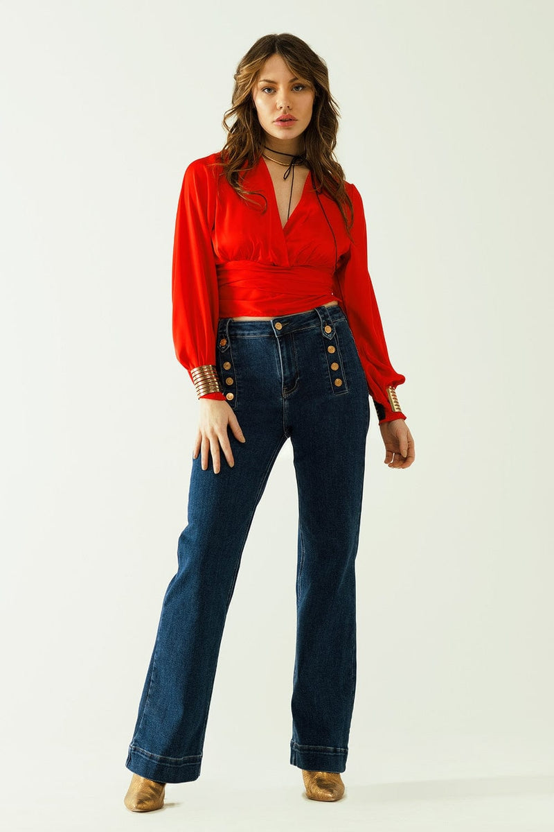 Q2 Women's Blouse Short Red Crop Top With Long And Wide Sleeves