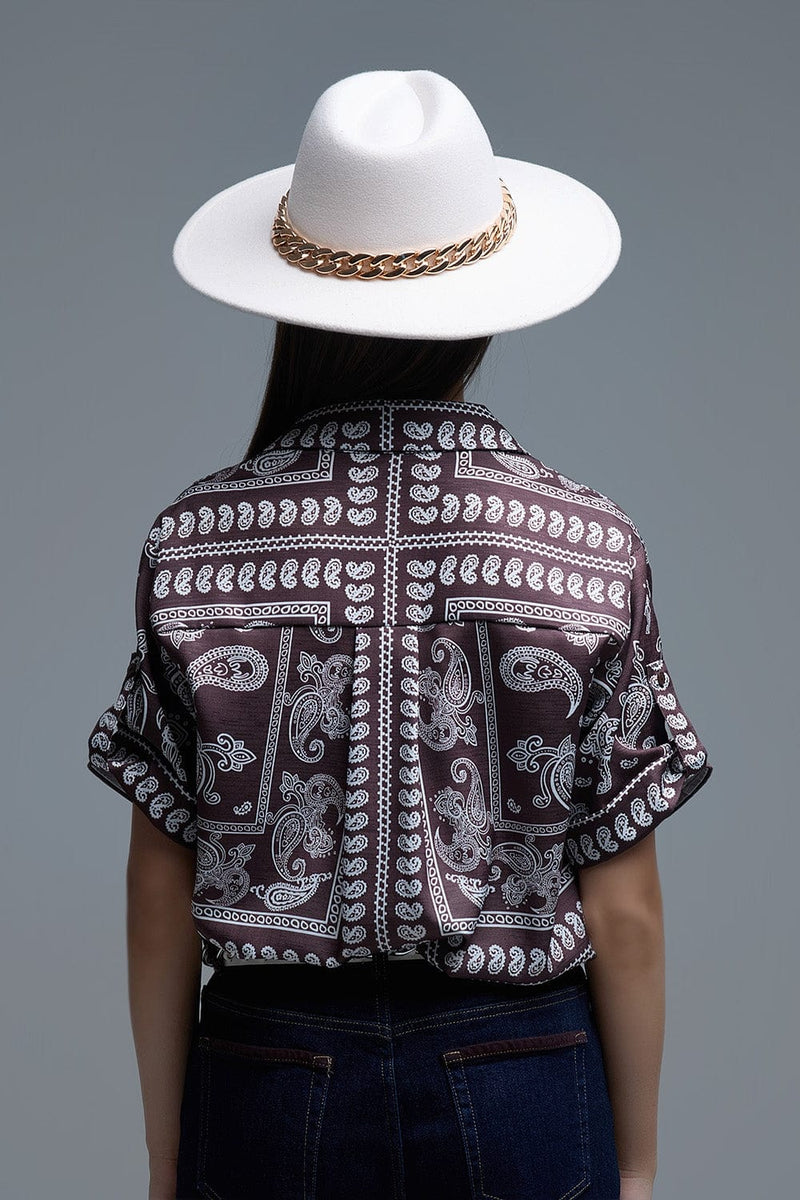 Q2 Women's Blouse Short Sleeve Paisley Print Shirt In Brown
