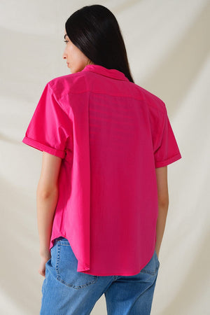 Q2 Women's Blouse Short Sleeve Relaxed Button Up Shirt In Fuchsia