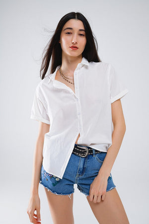 Q2 Women's Blouse Short Sleeve Relaxed Button Up Shirt In White