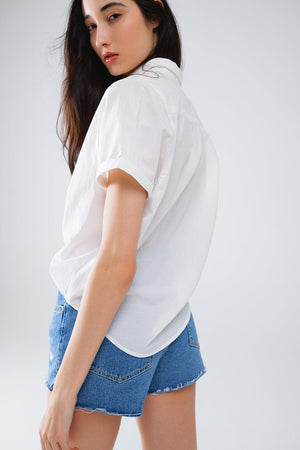 Q2 Women's Blouse Short Sleeve Relaxed Button Up Shirt In White