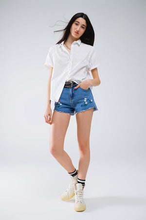 Q2 Women's Blouse Short Sleeve Relaxed Button Up Shirt In White