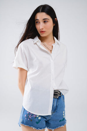 Q2 Women's Blouse Short Sleeve Relaxed Button Up Shirt In White