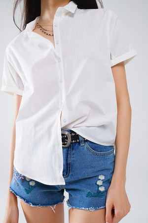 Q2 Women's Blouse Short Sleeve Relaxed Button Up Shirt In White