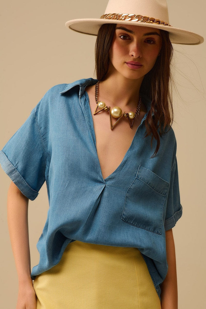Q2 Women's Blouse Short Sleeve Tencel Shirt With Chest Pocket In Blue