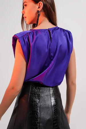 Q2 Women's Blouse Shoulder Pad Satin Top in Violet