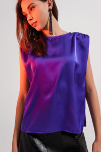 Q2 Women's Blouse Shoulder Pad Satin Top in Violet