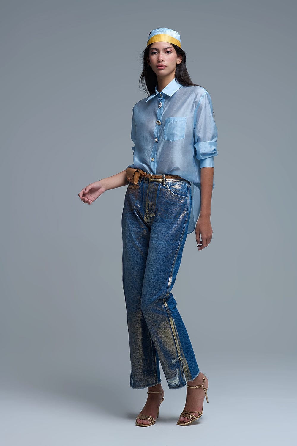 Q2 Women's Blouse Silky Loose Shirt With Button Medley In Blue