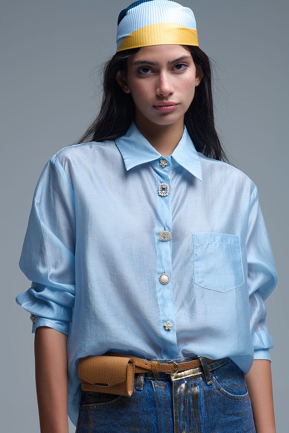 Q2 Women's Blouse Silky Loose Shirt With Button Medley In Blue