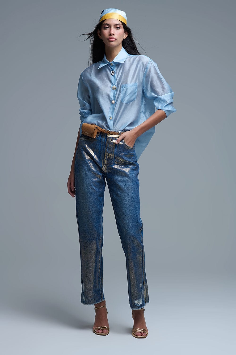 Q2 Women's Blouse Silky Loose Shirt With Button Medley In Blue