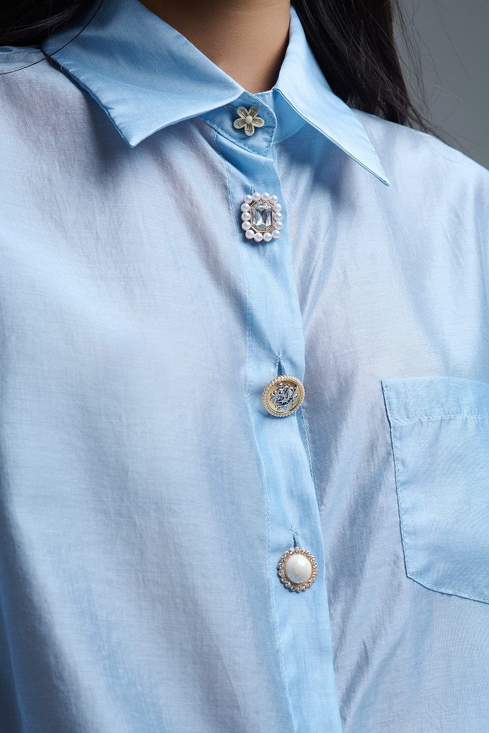 Q2 Women's Blouse Silky Loose Shirt With Button Medley In Blue