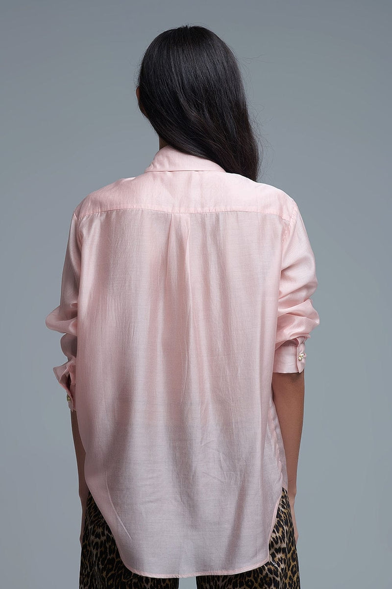 Q2 Women's Blouse Silky Loose Shirt With Button Medley In Pink