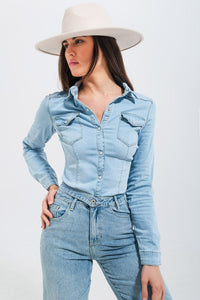 Q2 Women's Blouse Skinny Fit Western Denim Shirt in Light Wash Blue