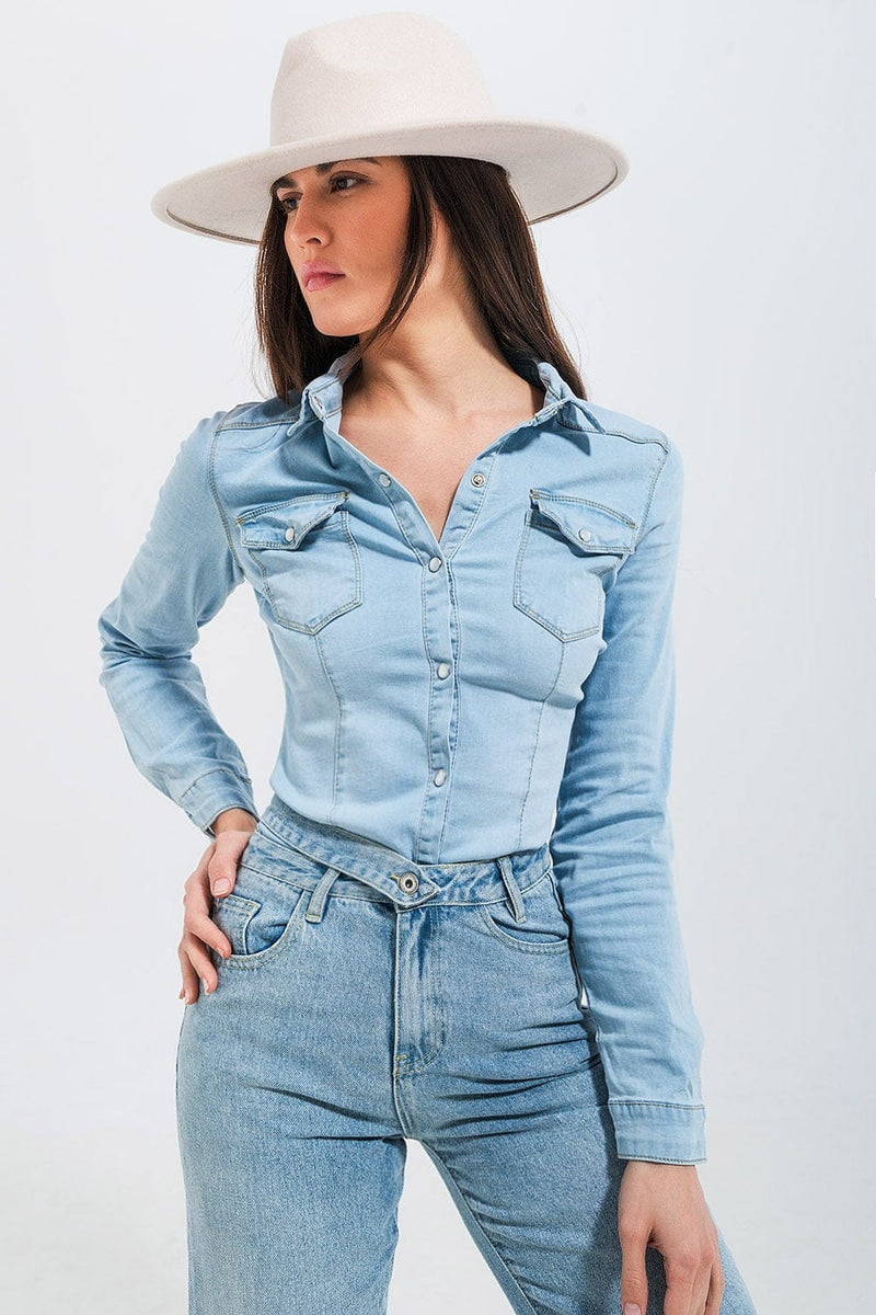 Q2 Women's Blouse Skinny Fit Western Denim Shirt in Light Wash Blue