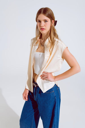 Q2 Women's Blouse Sleeveless Blouse With Pollo Collar In Beige