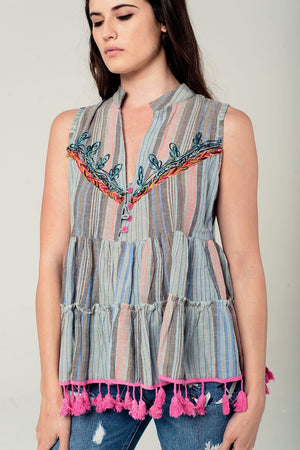 Q2 Women's Blouse Sleeveless blouse with tassels and embroidery in grey