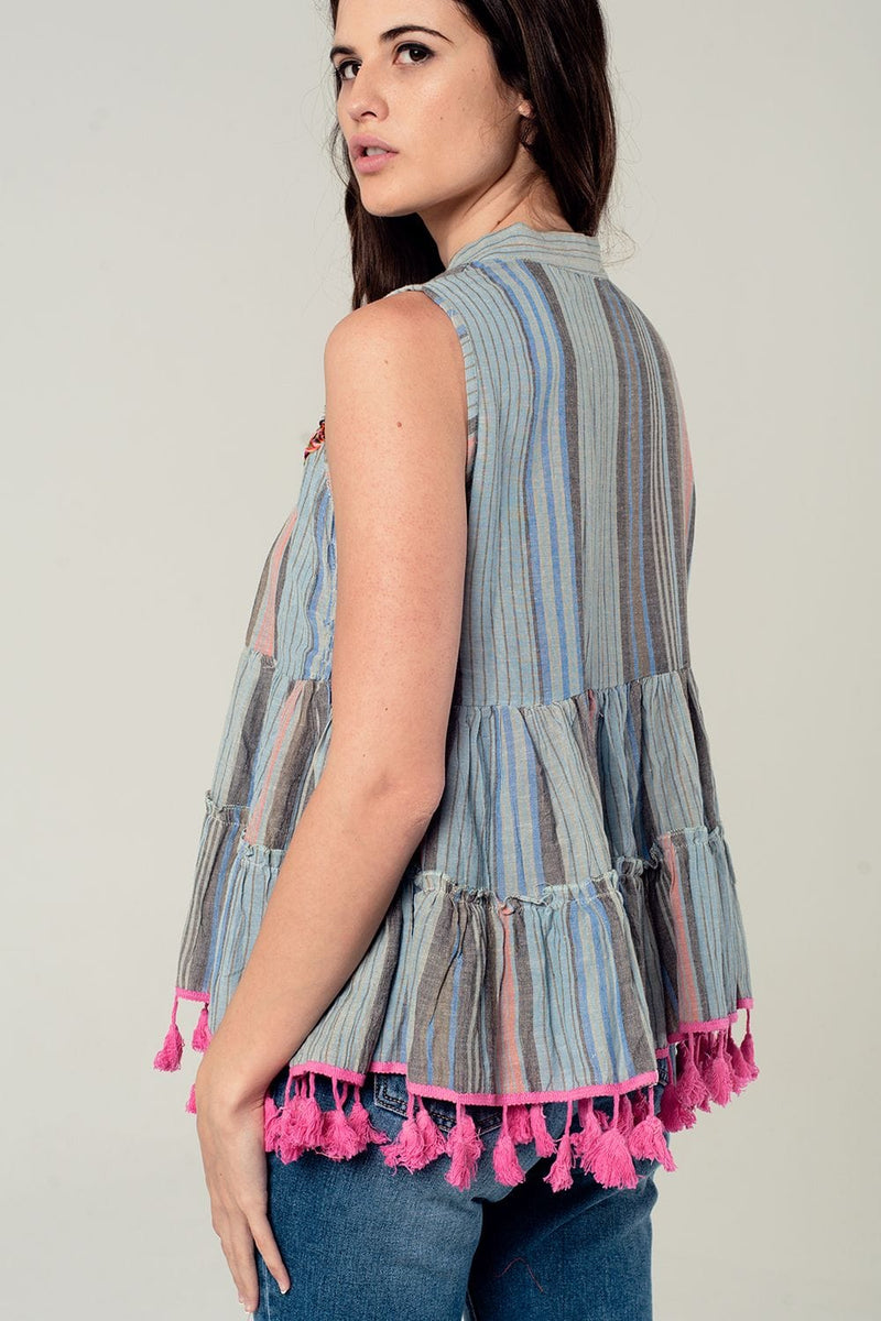 Q2 Women's Blouse Sleeveless blouse with tassels and embroidery in grey