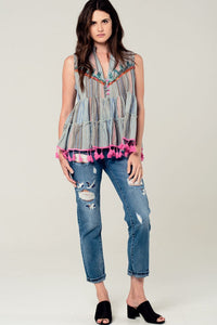 Q2 Women's Blouse Sleeveless blouse with tassels and embroidery in grey