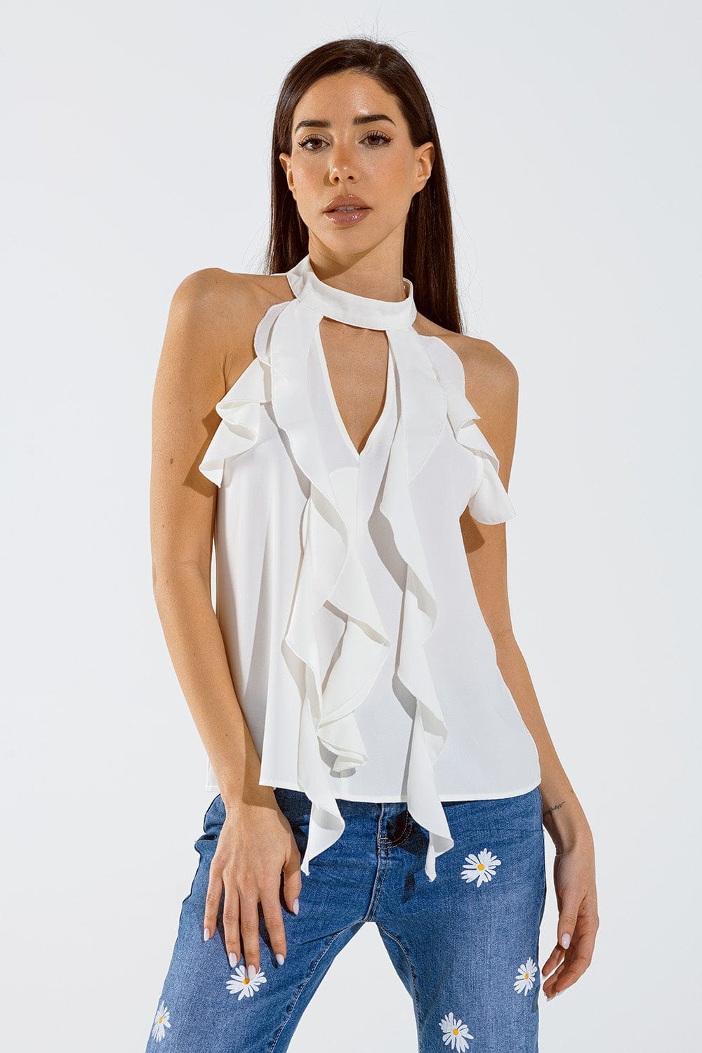 Q2 Women's Blouse Sleeveless White Top With Ruffled Details And High Neck