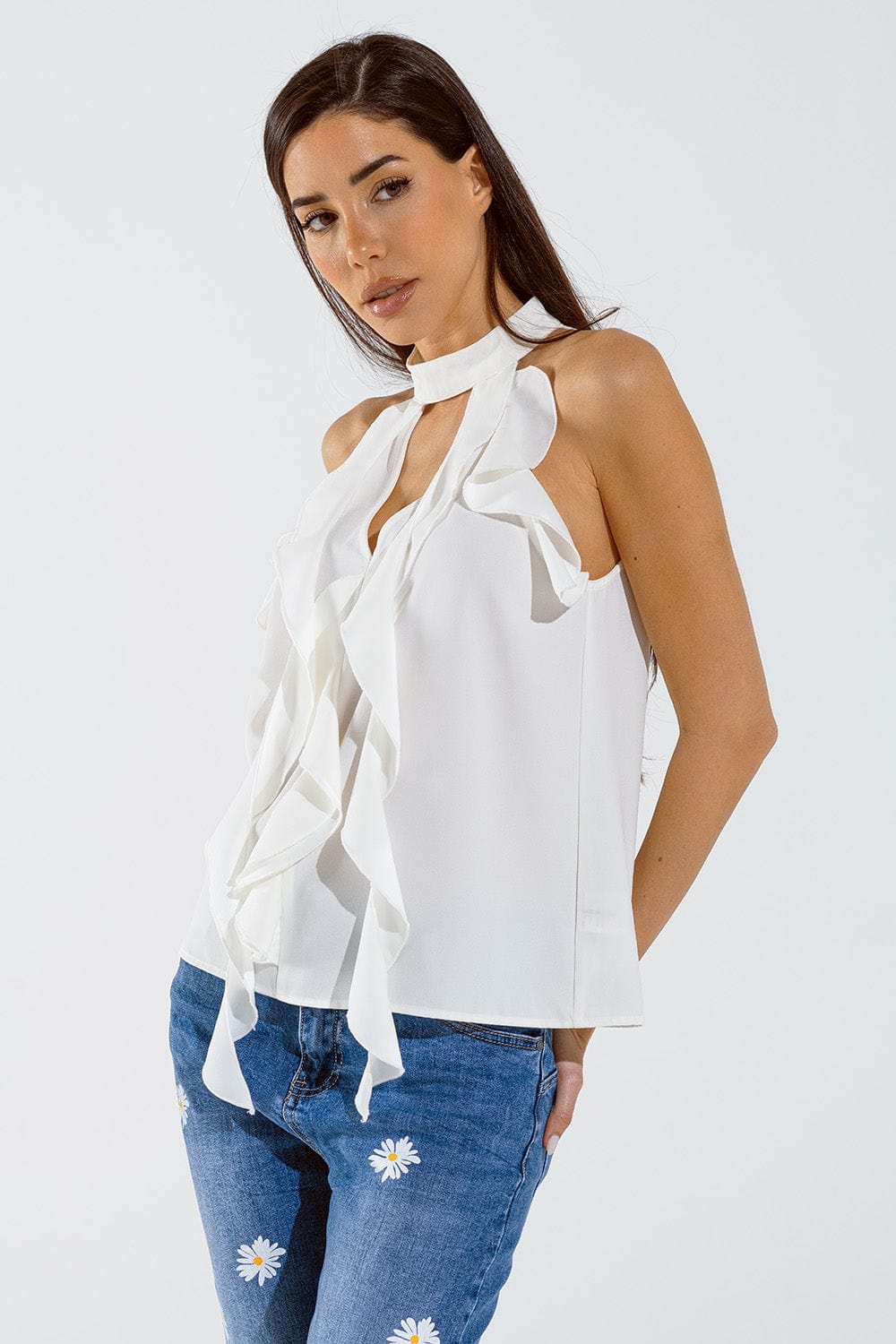 Q2 Women's Blouse Sleeveless White Top With Ruffled Details And High Neck