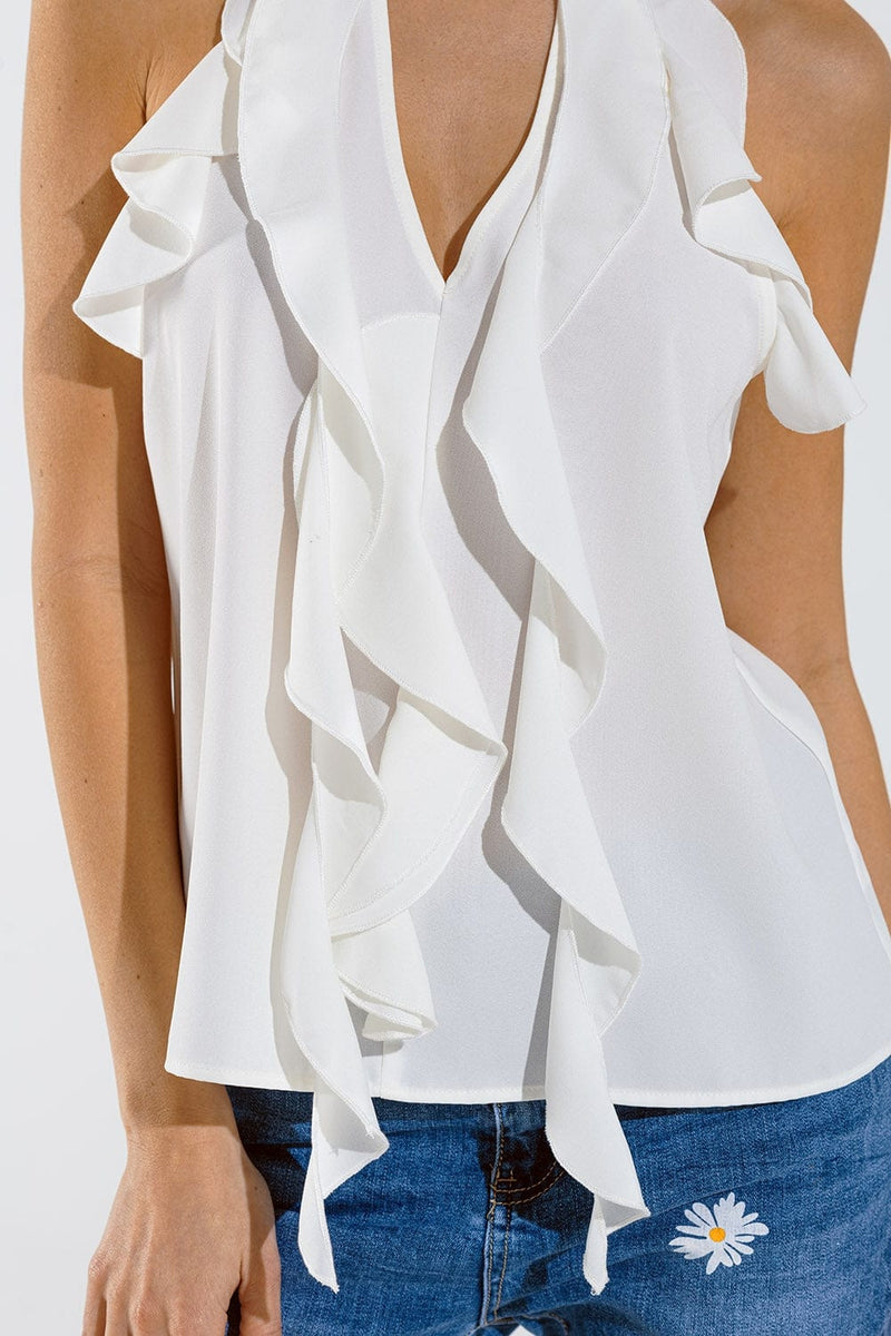 Q2 Women's Blouse Sleeveless White Top With Ruffled Details And High Neck