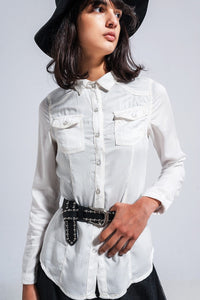 Q2 Women's Blouse Slim Denim Shirt in White