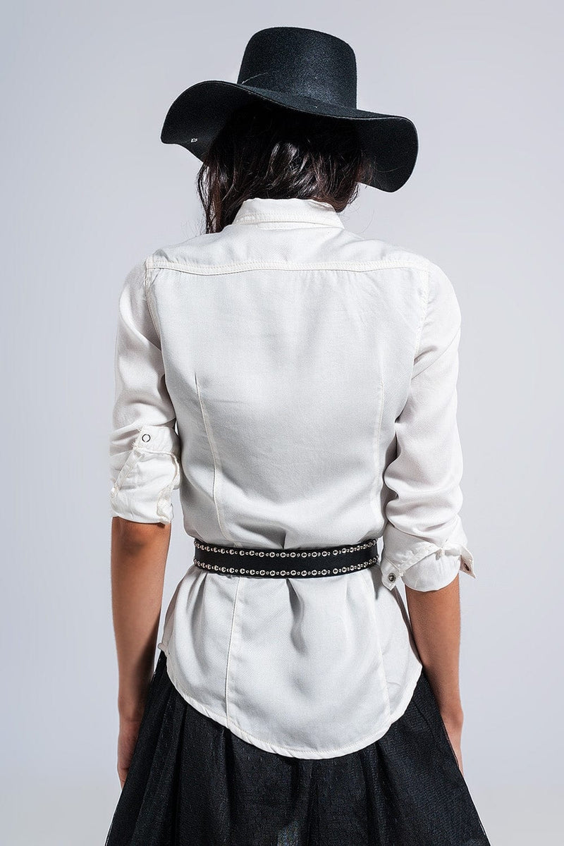 Q2 Women's Blouse Slim Denim Shirt in White