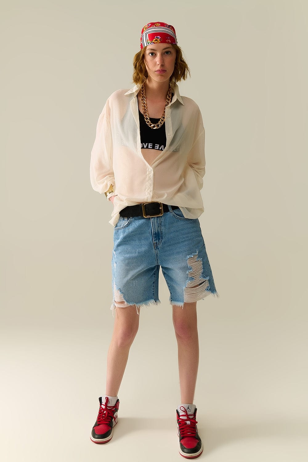 Q2 Women's Blouse Soft Beige Chiffon Blouse With Glitter Detail