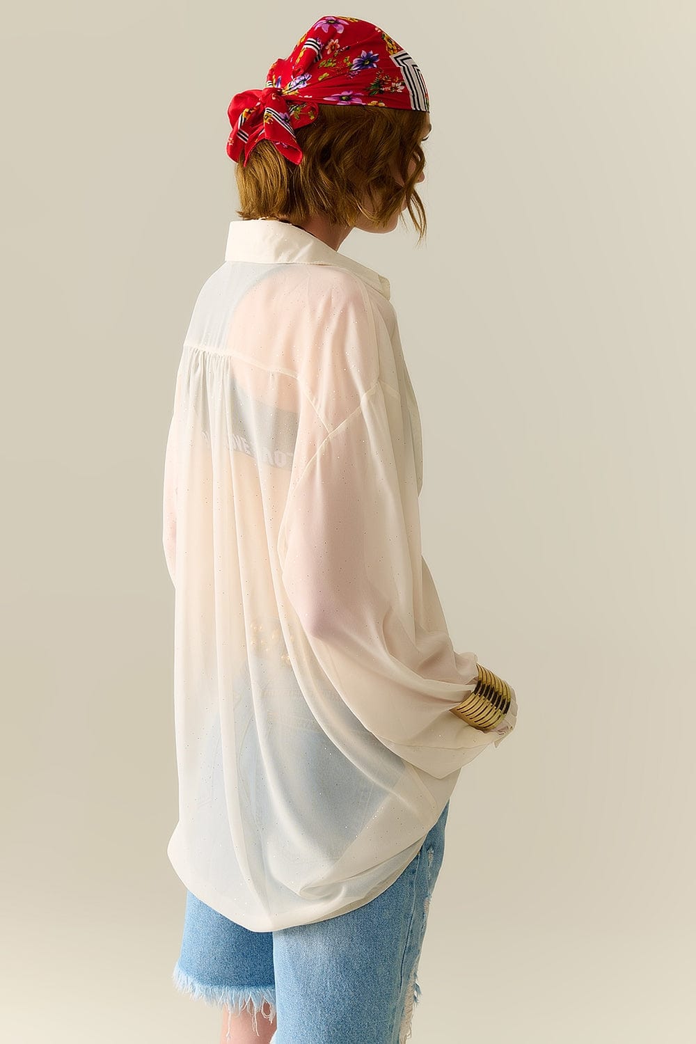 Q2 Women's Blouse Soft Beige Chiffon Blouse With Glitter Detail