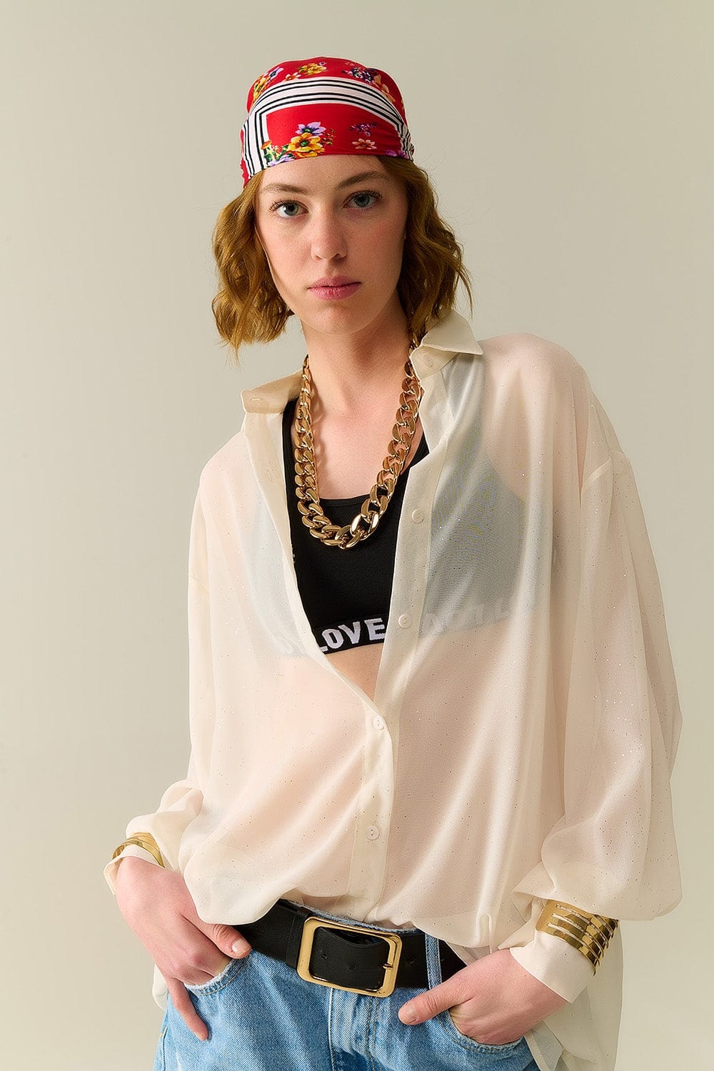 Q2 Women's Blouse Soft Beige Chiffon Blouse With Glitter Detail