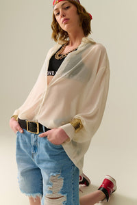 Q2 Women's Blouse Soft Beige Chiffon Blouse With Glitter Detail