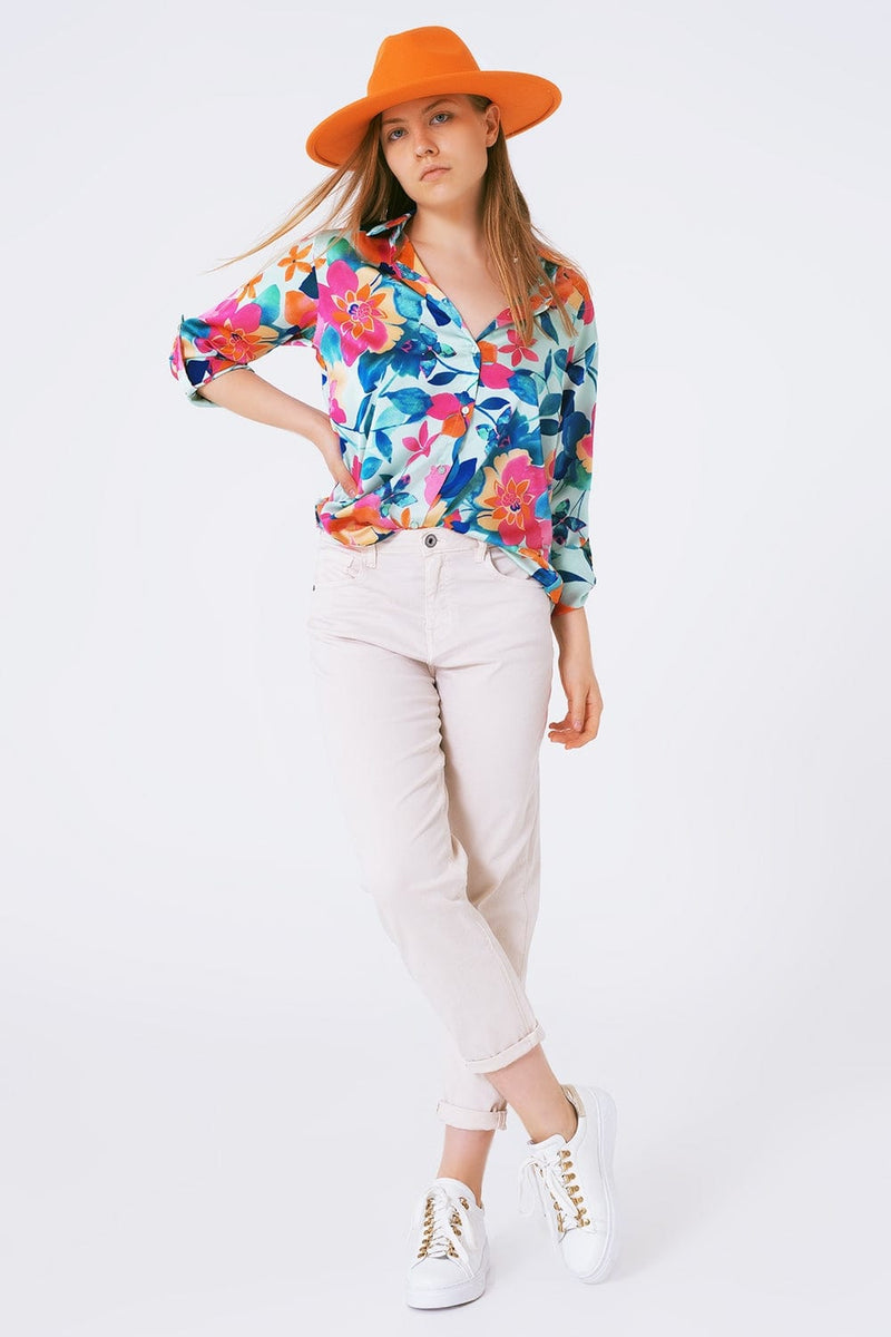 Q2 Women's Blouse Soft Satin Blouse With Flower Print