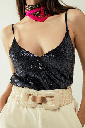 Q2 Women's Blouse Spaguetti Strap Top With Deep V-Neckline In Navy Sequins