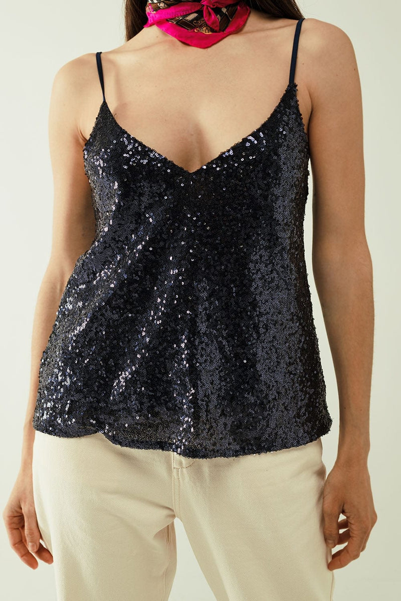 Q2 Women's Blouse Spaguetti Strap Top With Deep V-Neckline In Navy Sequins