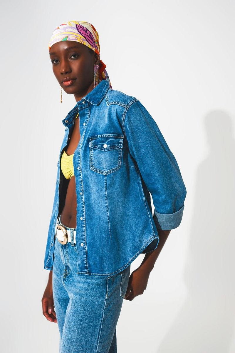 Q2 Women's Blouse Stretch Denim Shirt In Mid Blue