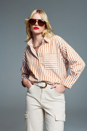 Q2 Women's Blouse Striped Relaxed Shirt With Contrasting Pocket In Beige