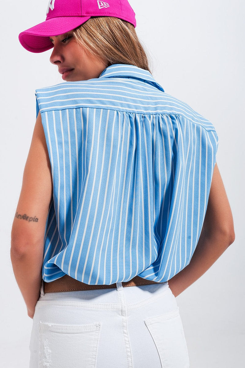 Q2 Women's Blouse Striped Sleeveless Shirt in Blue