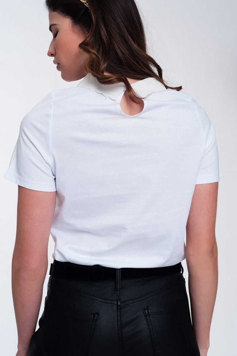 Q2 Women's Blouse T-Shirt with Collar Detail in White