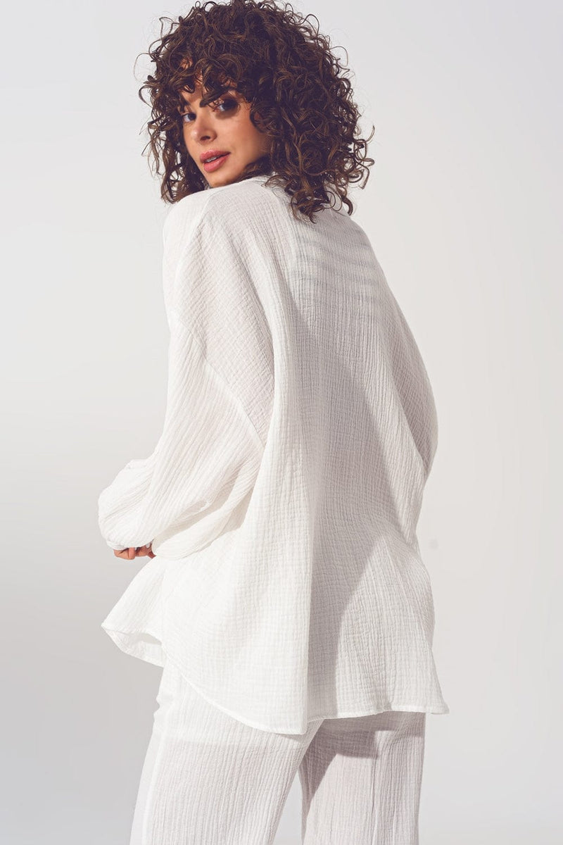 Q2 Women's Blouse Textured Loose Shirt in White
