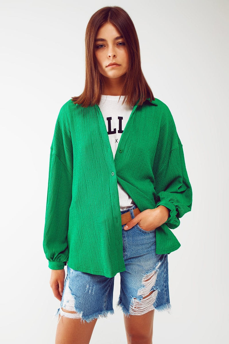 Q2 Women's Blouse Textured Shirt With Balloon Sleeves in Green