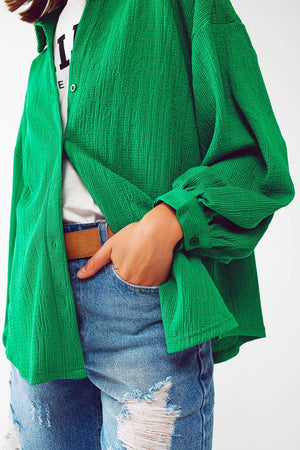 Q2 Women's Blouse Textured Shirt With Balloon Sleeves in Green