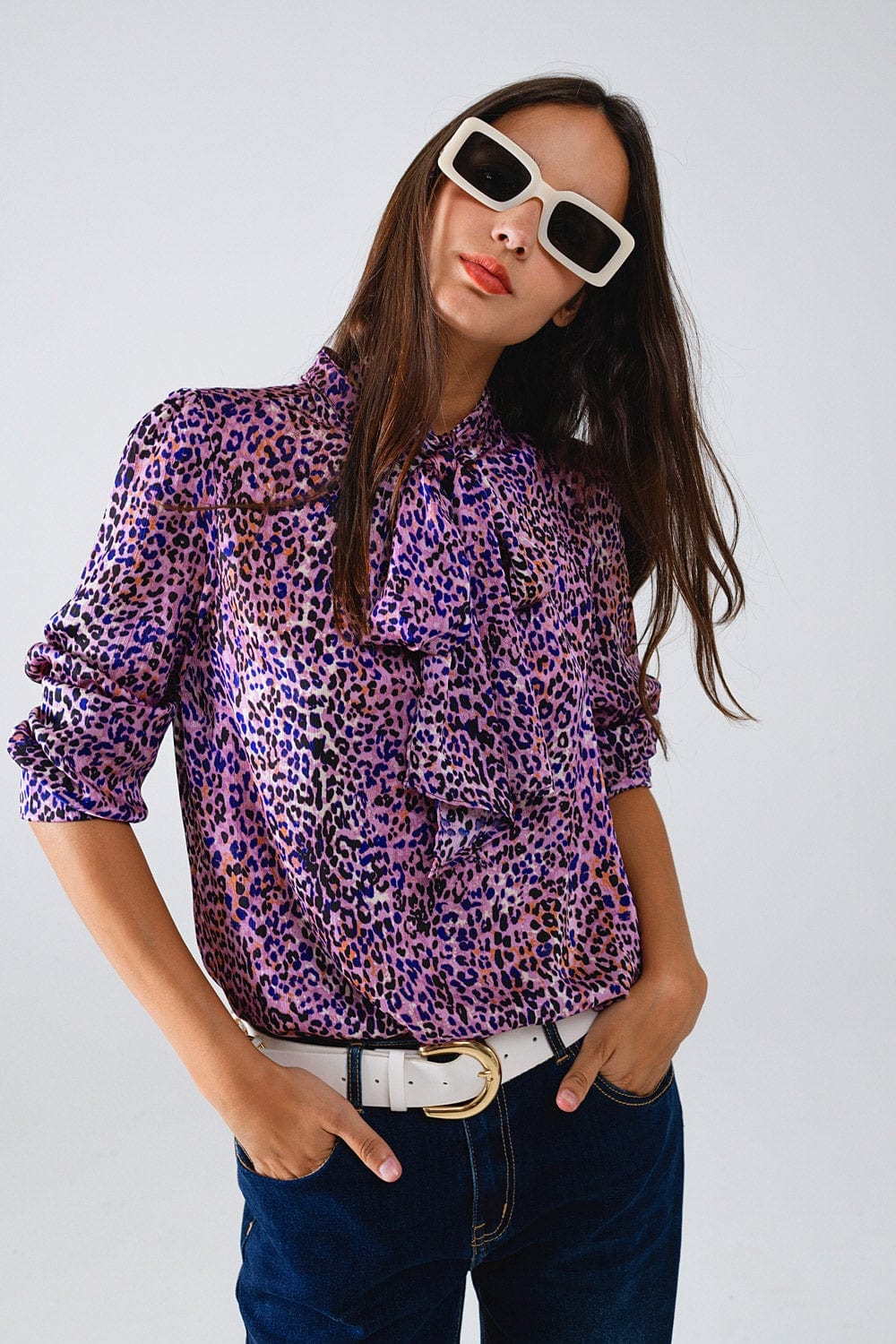 Q2 Women's Blouse Tie At The Neck Animal Print Purple Blouse